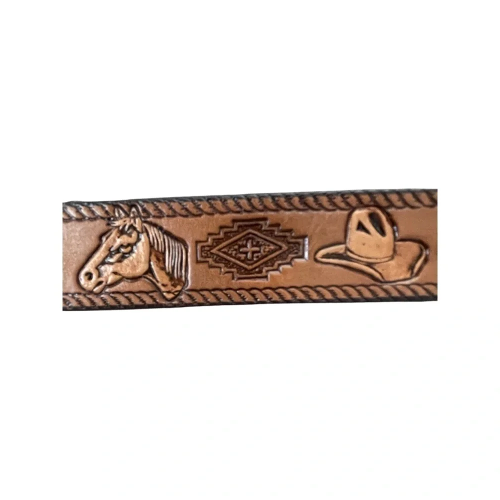 LONGHORN Leather & Buckle Ethan Tooled Belt Brown w/Silver Buckle Youth Size 28.